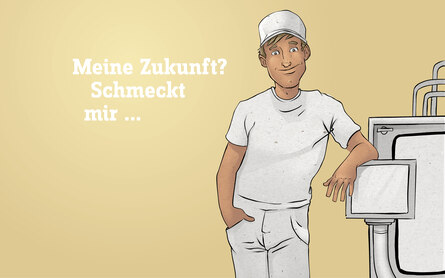 Illustration einer Person in weißer Kleidung und Kappe, daneben der Text: "Meine Zukunft? Schmeckt mir..."