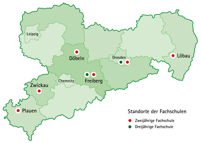 Schulstandorte der zwei- und dreijährigen Fachschulen für Landwirtschaft in Sachsen